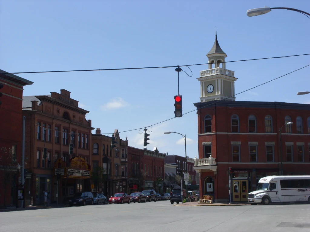 Historic storefronts and clock tower in Hamilton village